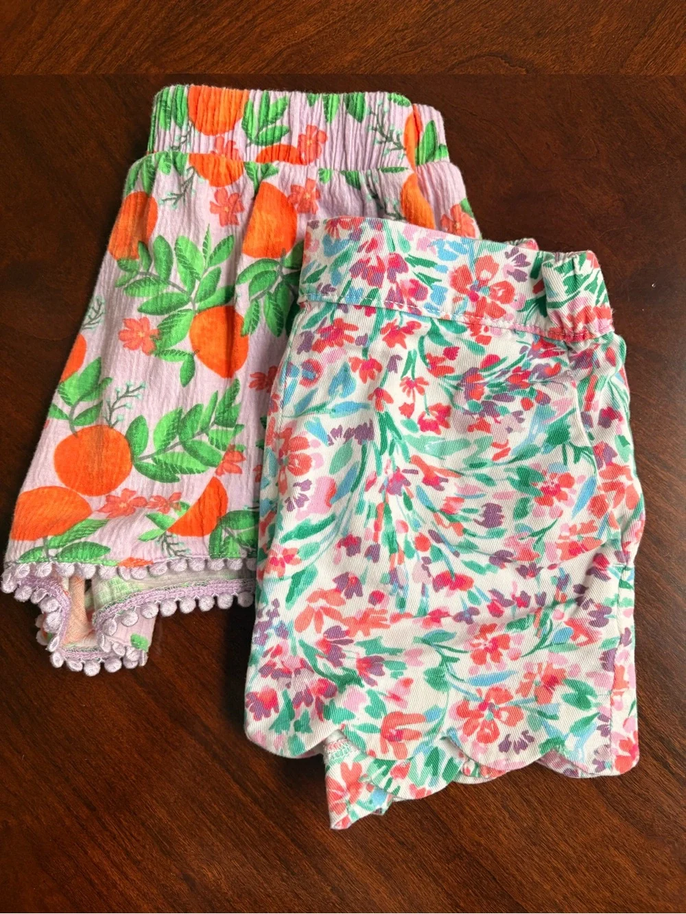 Crewcuts Girls' High-Waist Orange Fruit Print and Pink Floral Shorts  size 6